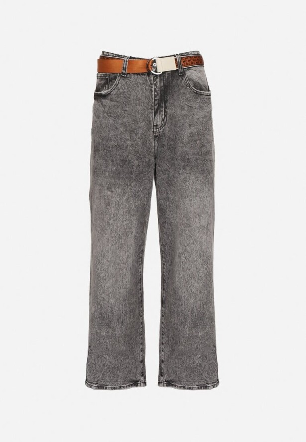 Szare Bawełniane Jeansy Szerokie z Paskiem Lerilise