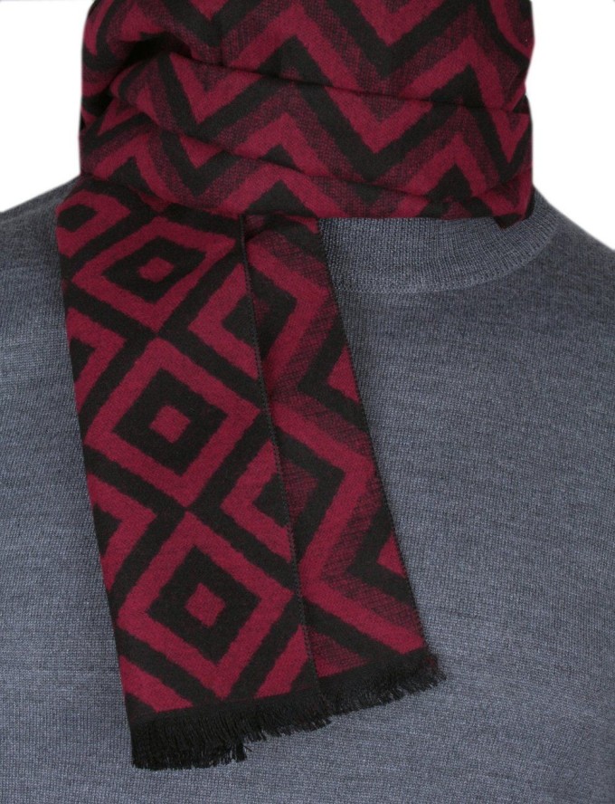 Męski Szalik z Wiskozy - Alties - Bordo i Czerń, Figury Geometryczne