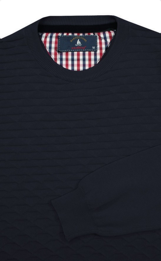 Sweter Bawełniany - Bartex - Okrągły Dekolt - Granatowy