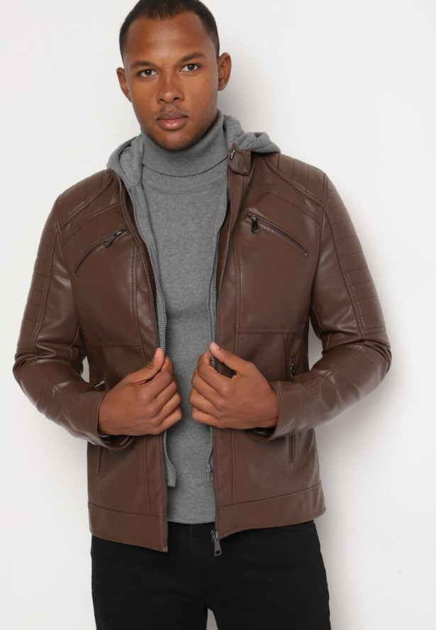 Ciemnobrązowa Kurtka Ramoneska z Ekoskóry z Kapturem Florenitha