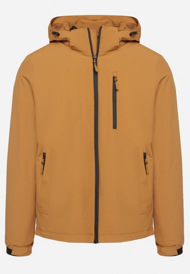 Jasnobrązowa Gładka Kurtka o Prostym Kroju z Odpinanym Kapturem Valentana