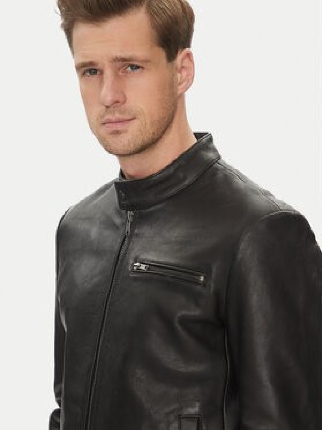 Serge Pariente Kurtka skórzana Retro Czarny Slim Fit