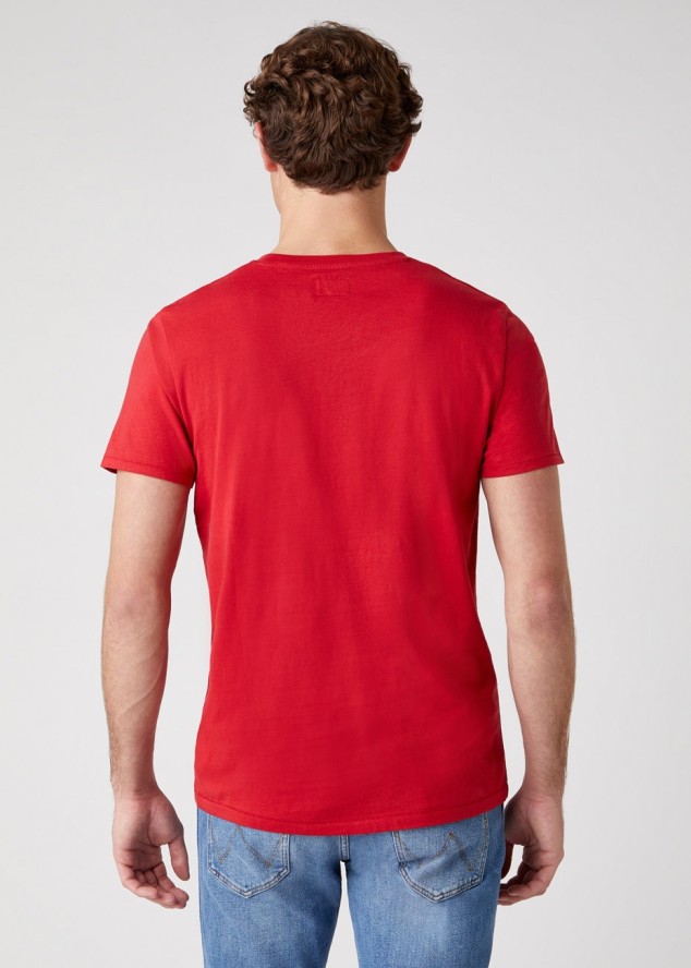 WRANGLER SS SIGN OFF TEE MĘSKI T-SHIRT KOSZULKA NADRUK LOGO SCARLET RED W7C07D3UU 112131608