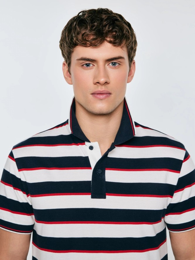 Koszulka męska polo w paski granatowo-biała Seulis 100