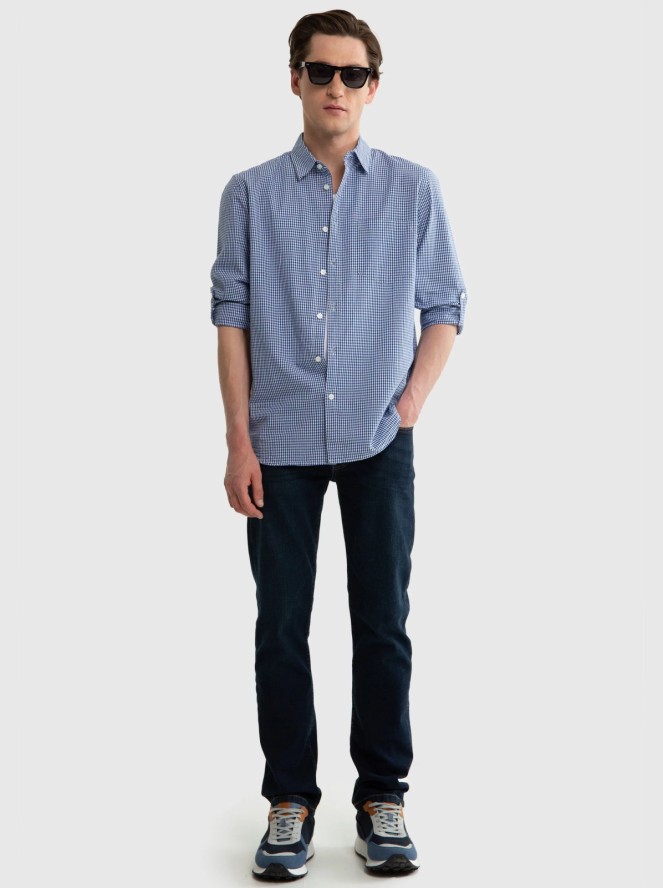 Koszula męska w drobną kratę niebieska Mersinino 402