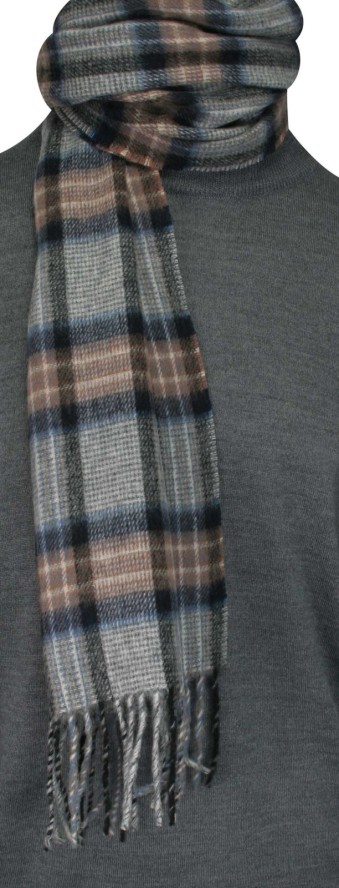 Szalik z Frędzlami, Szaro-Beżowy, Wełna z Kaszmirem, Ciepły, Męski, w Kratę -V. Fraas