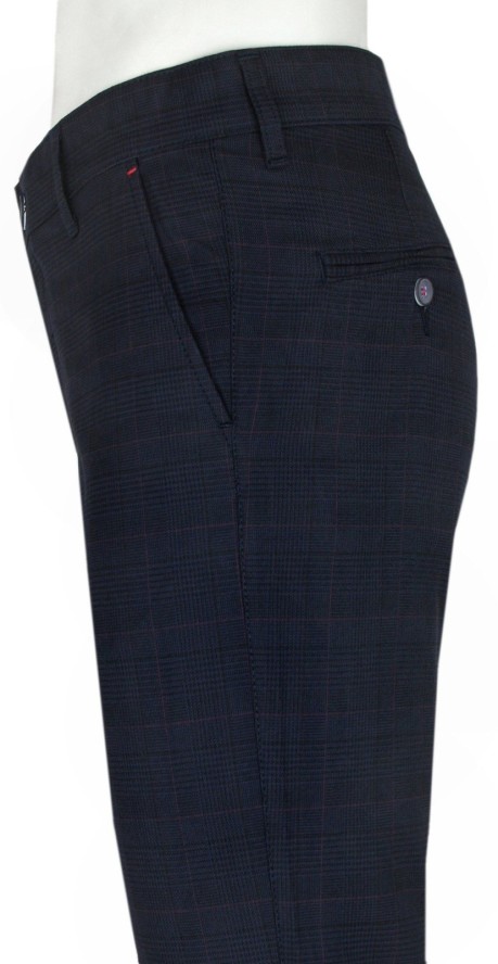 Spodnie z Elastanem, Granatowe w Kratkę, Casualowe, Zwężana Nogawka, Męskie -RIGON