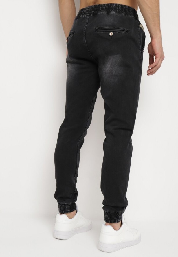 Czarne Jeansy Joggery ze Sznurkiem w Talii i Ściągaczami Serrona