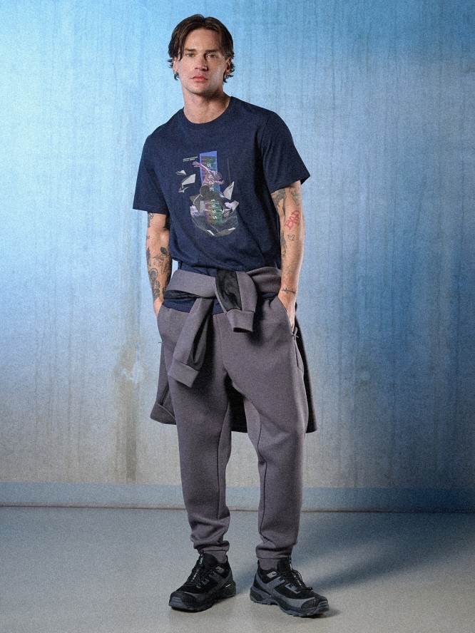 4F T-shirt regular z nadrukiem męski - granatowa XXL