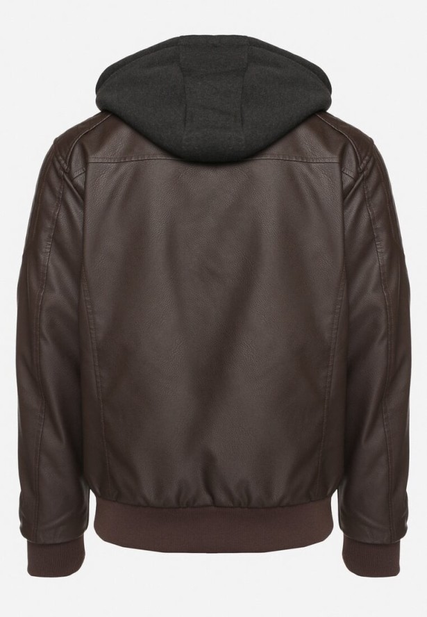 Brązowa Kurtka Ramoneska ze Ściągaczami i Odpinanym Kapturem Materiałowym Lozalina