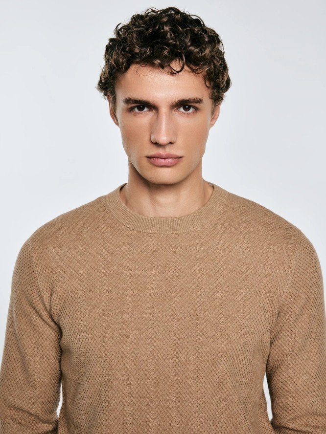 Sweter męski o teksturalnym splocie bawełniany brązowy Reylon 802