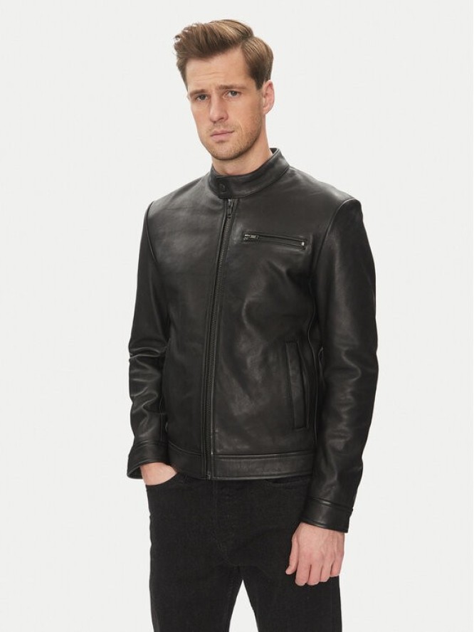 Serge Pariente Kurtka skórzana Retro Czarny Slim Fit