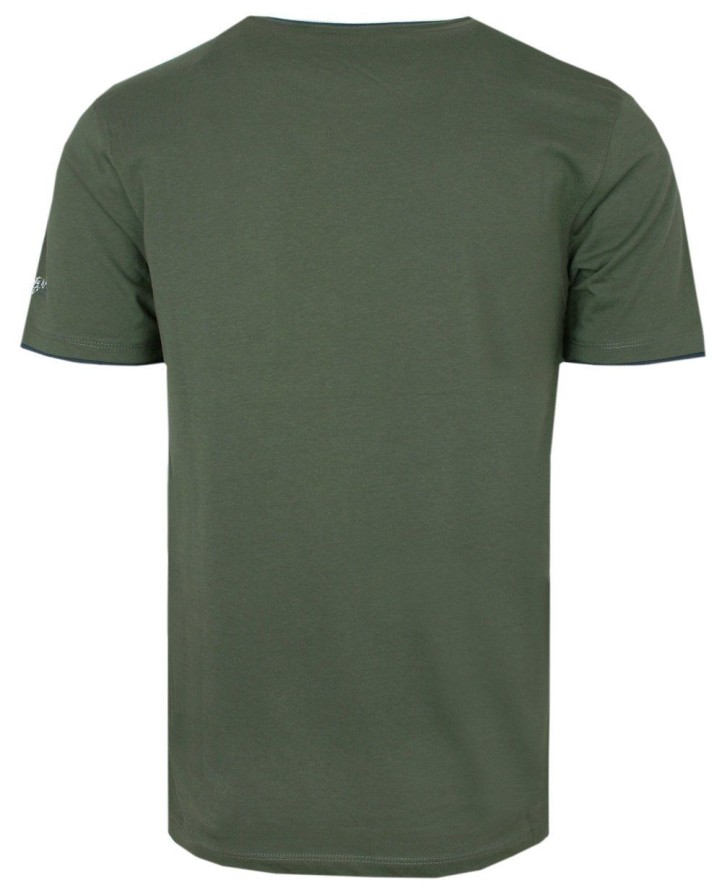 Prosty T-Shirt Męski z Lamówką na Dekolcie - Pako Jeans - Oliwkowy