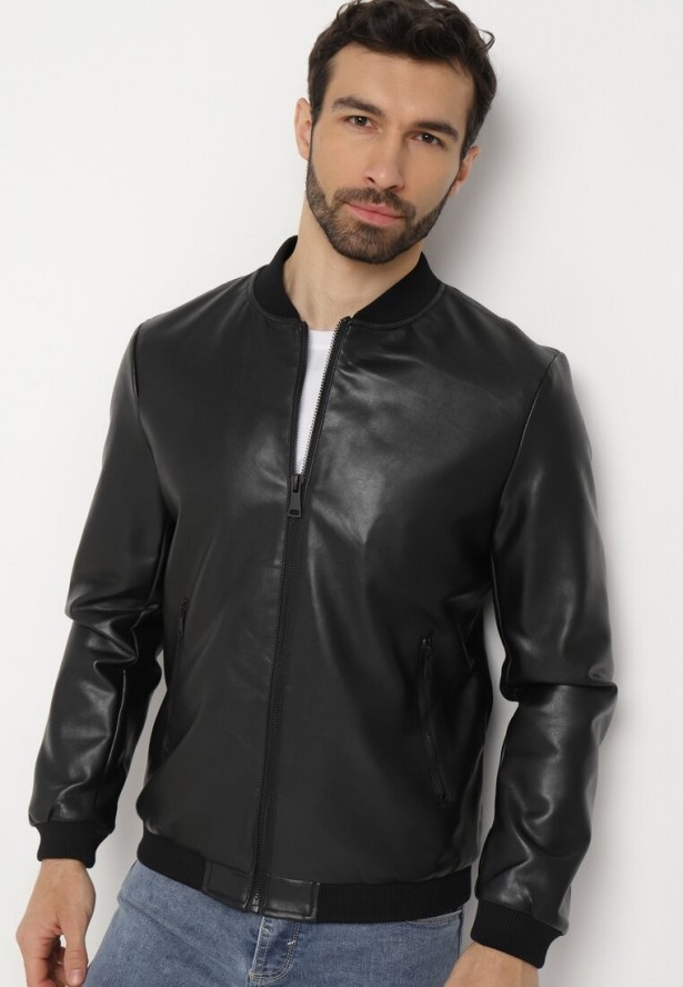 Czarna Kurtka Bomberka z Imitacji Skóry i Zasuwanymi Kieszeniami Rihella