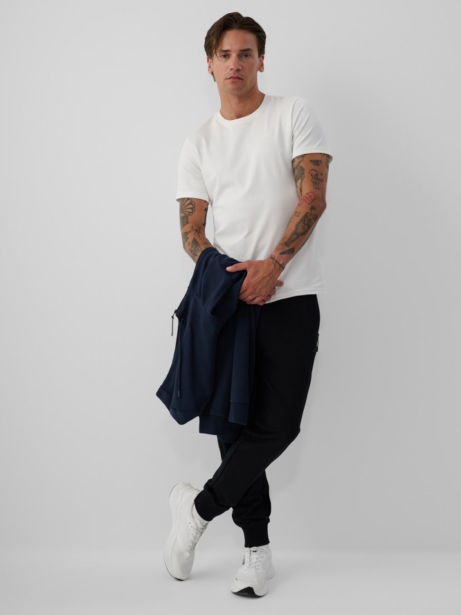 4F T-shirt slim gładki męski - kremowy S