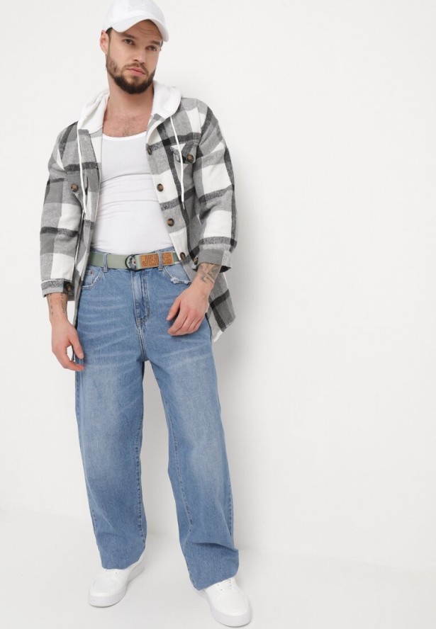 Niebieskie Klasyczne Jeansy z Przetarciami i Materiałowym Paskiem Ramalua