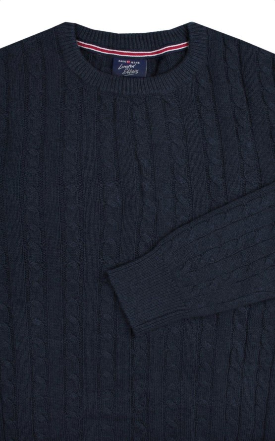 Bawełniany Sweter Męski - Pako Jeans - Splot Warkoczowy - Granatowy