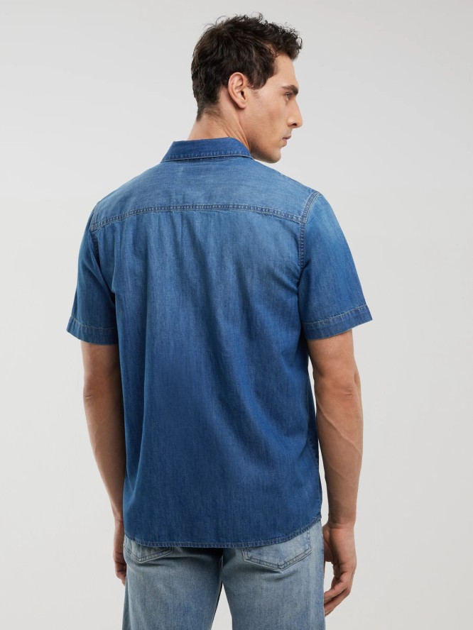 Koszula męska jeansowa z krótkim rękawem niebieska Short Sleeve Western 377