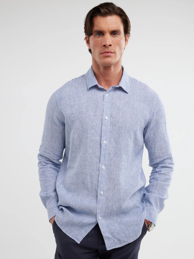 Lniana koszula męska w prążek niebieska Malekiwo 402