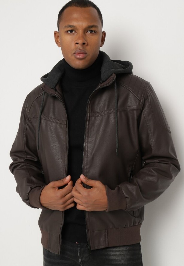 Brązowa Kurtka Ramoneska ze Ściągaczami i Odpinanym Kapturem Materiałowym Lozalina