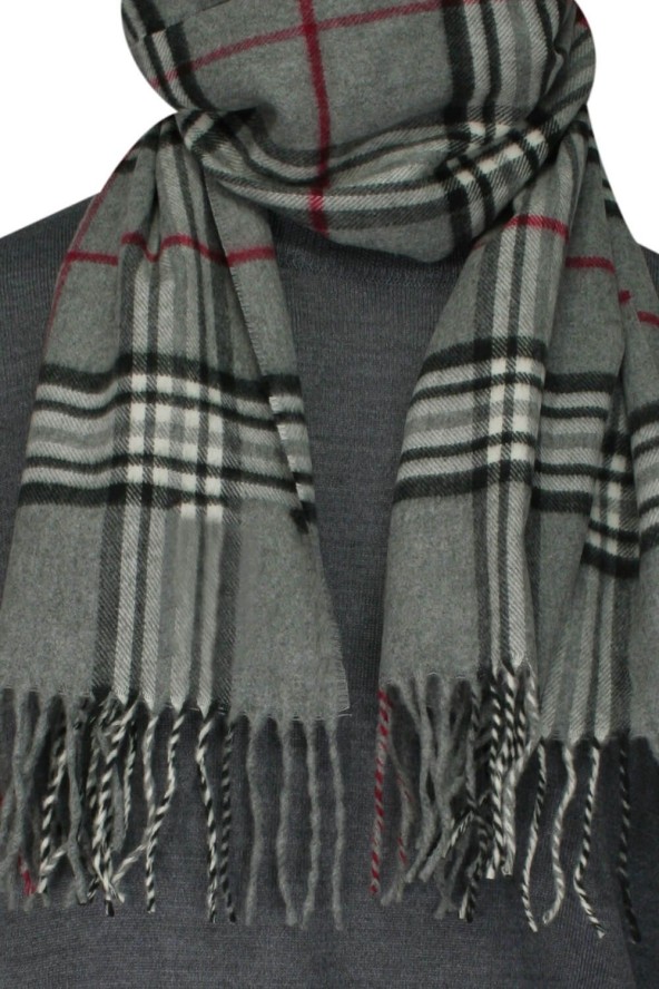 Szalik Szary w Kratkę, Miękki, Delikatny, z Frędzlami, Miękki, Cashmink -V.Fraas