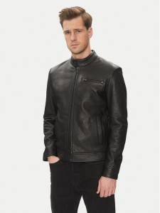 Serge Pariente Kurtka skórzana Retro Czarny Slim Fit