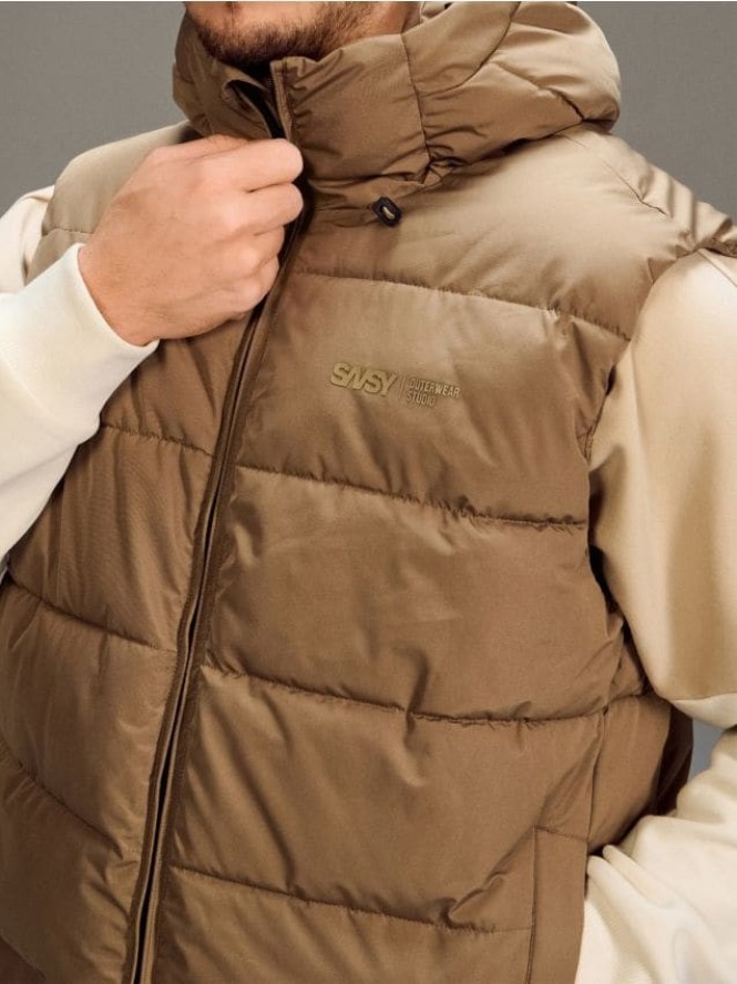 Pikowana kamizelka puffer z kapturem - beżowy