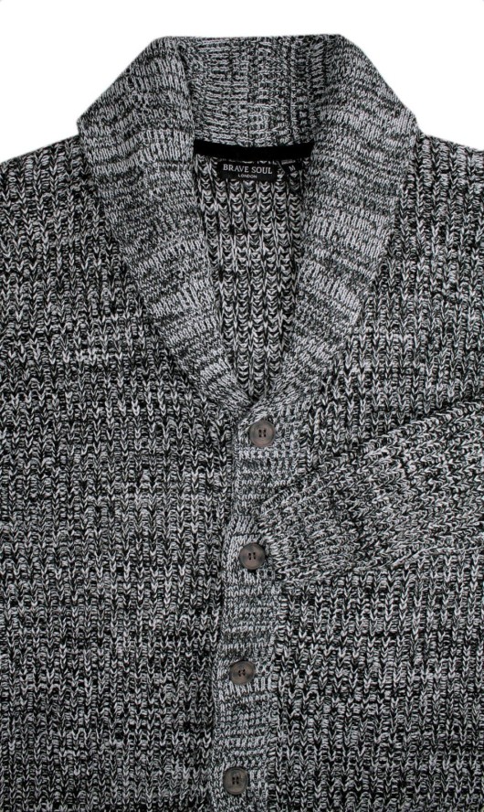 Dziergany Kardigan, Sweter Zapinany na Guziki - BRAVE SOUL - Czarny Melanż