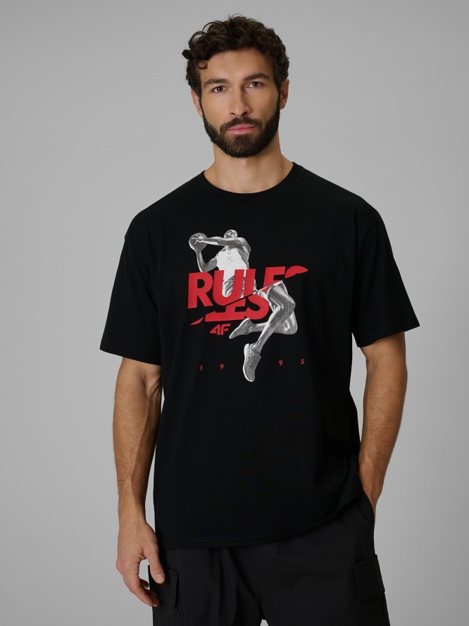 4F T-shirt loose z nadrukiem męski - czarny XL