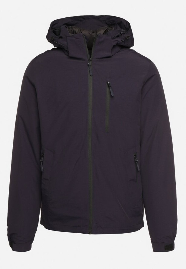 Granatowa Gładka Kurtka o Prostym Kroju z Odpinanym Kapturem Valentana