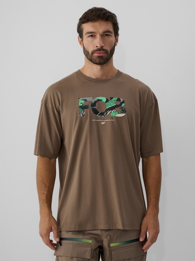 4F T-shirt loose z nadrukiem męski - brązowy L