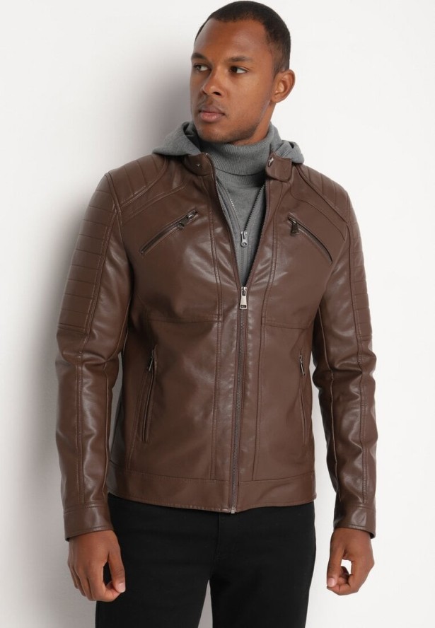 Ciemnobrązowa Kurtka Ramoneska z Ekoskóry z Kapturem Florenitha