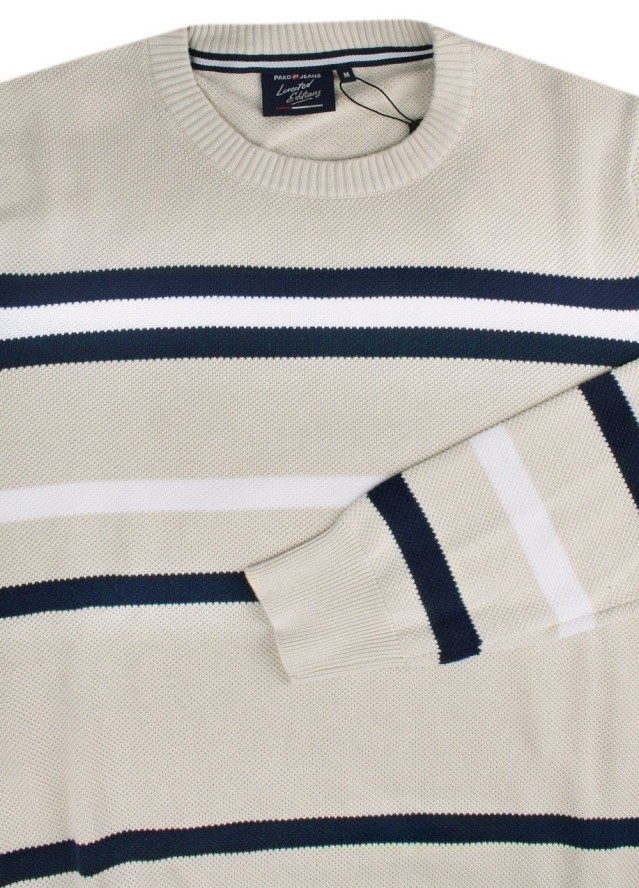 Sweter z Dzianiny Bawełnianej - w Paski - Pako Jeans - Beżowy