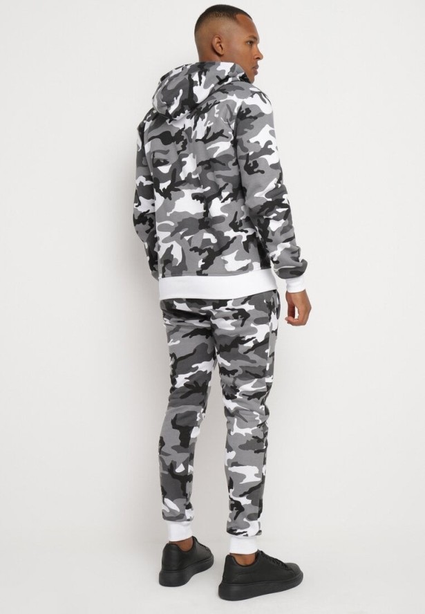 Szary Komplet Dresowy Moro Rozpinana Bluza z Kapturem Spodnie ze Ściągaczami Rotita