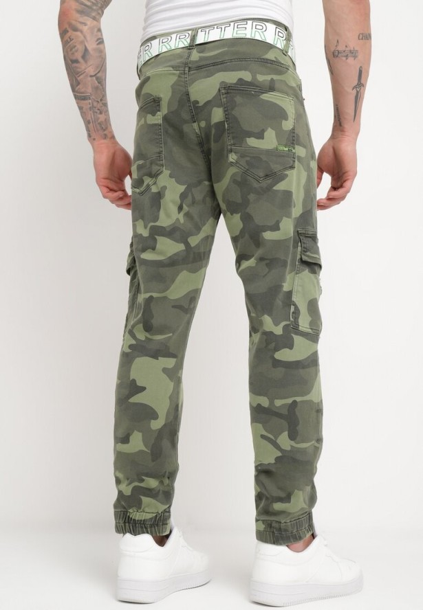 Ciemnozielone Spodnie Bojówki z Naszytymi Kieszeniami i Paskiem Siavera