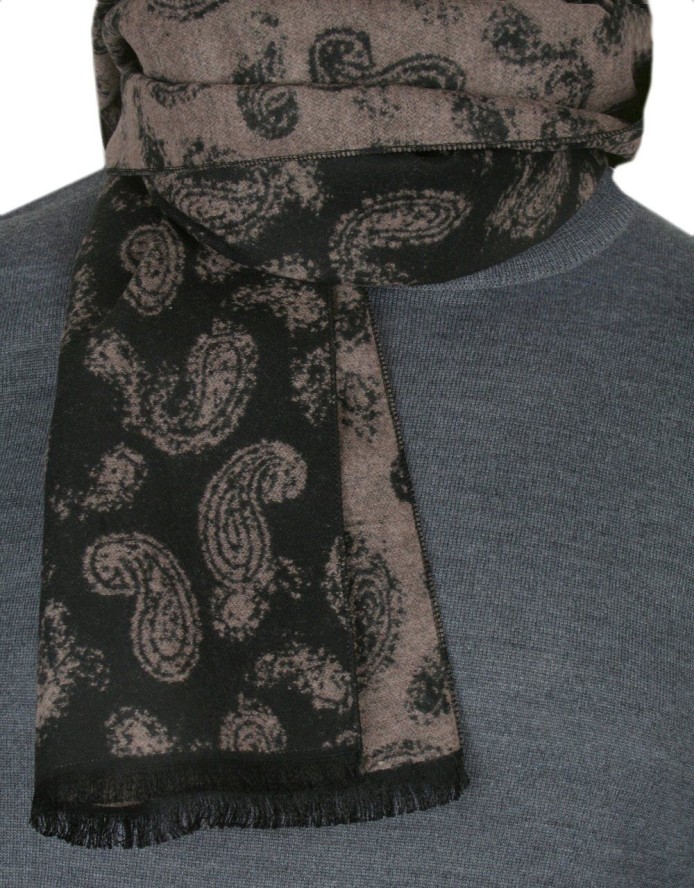 Męski Szalik z Wiskozy - Alties - Czerń i Beż, Paisley