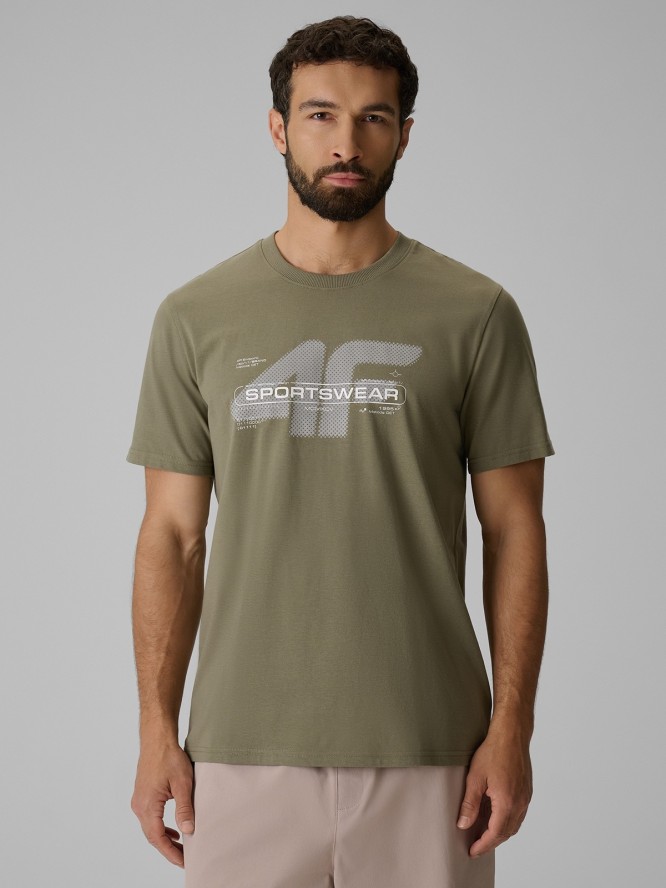 4F T-shirt regular z nadrukiem męski - khaki M