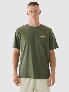 4F T-shirt oversize z nadrukiem męski - khaki S