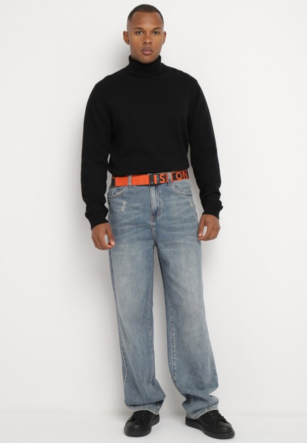 Niebieskie Jeansy o Fasonie Regular z Paskiem z Napisami Ivelanora