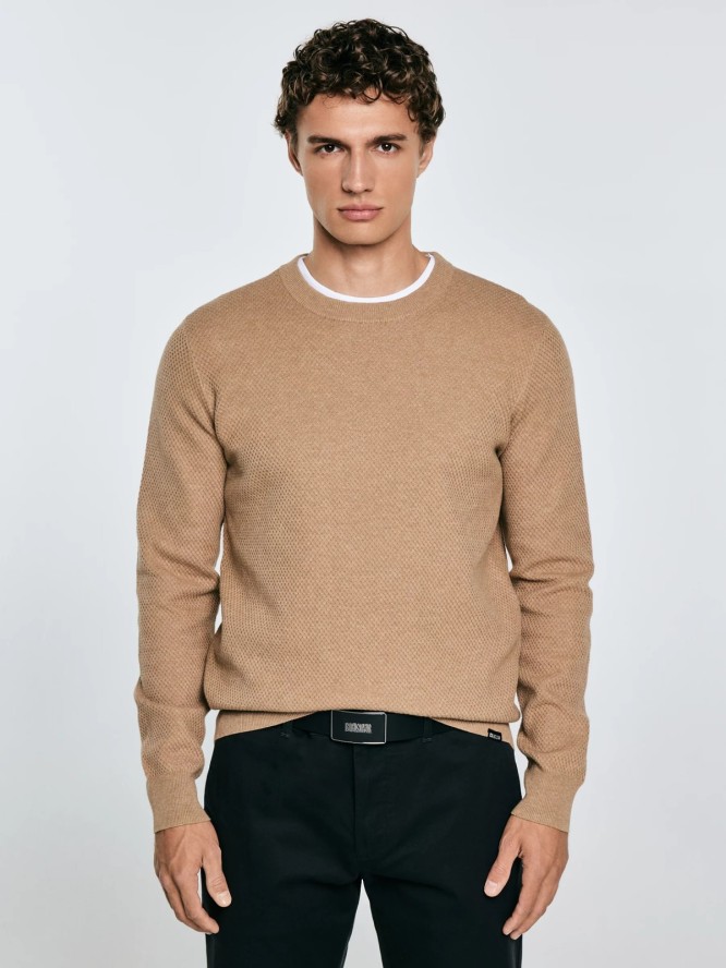 Sweter męski o teksturalnym splocie bawełniany brązowy Reylon 802