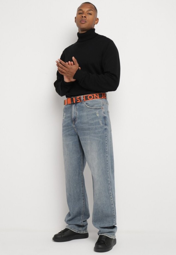 Niebieskie Jeansy o Fasonie Regular z Paskiem z Napisami Ivelanora