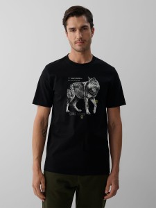 4F T-shirt regular z nadrukiem męski - czarny S