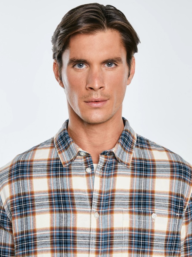 Koszula męska flanelowa w kratę niebieska Flaneno 401