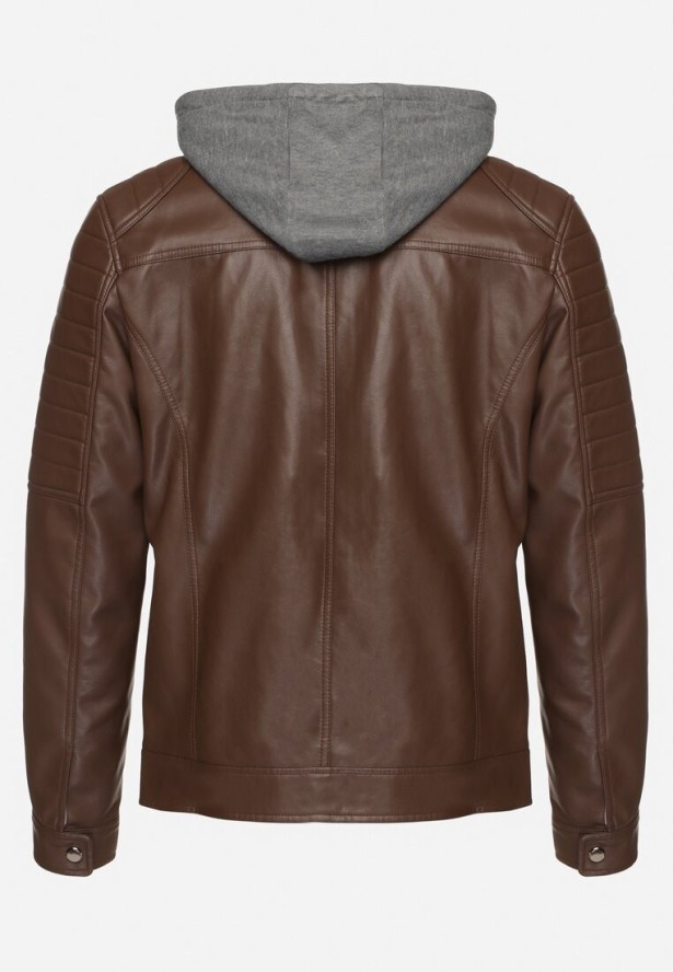 Ciemnobrązowa Kurtka Ramoneska z Ekoskóry z Kapturem Florenitha