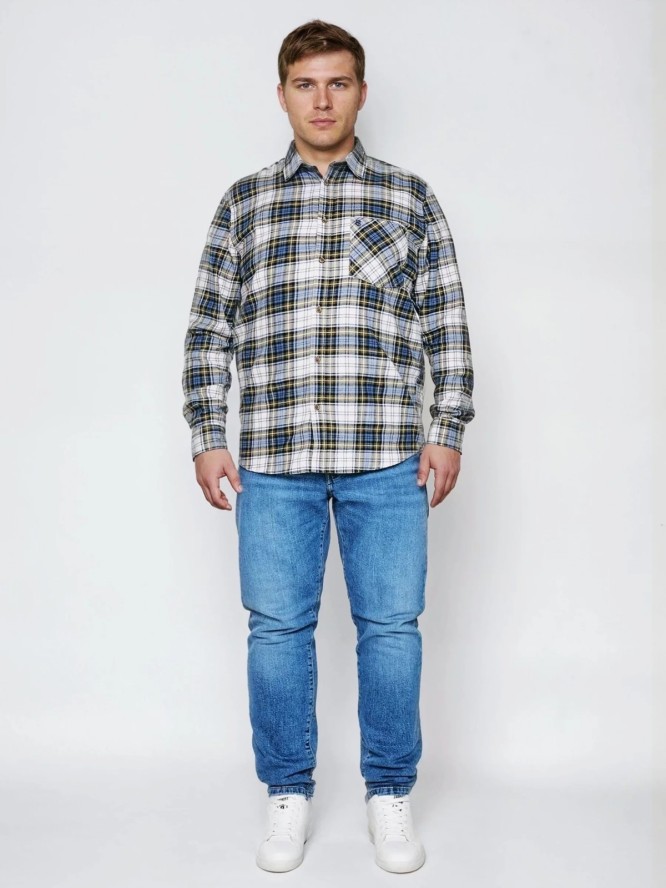 Koszula męska flanelowa w kratę niebiesko-beżowa Koner 401