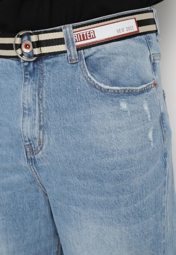 Niebieskie Szerokie Jeansy z Bawełny Ozdobione Paskiem Lerillis