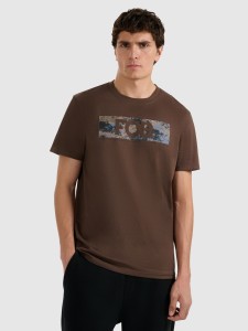 4F T-shirt regular z nadrukiem męski - brązowy 3XL