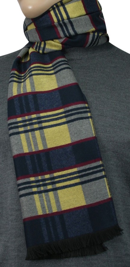 Szalik Dwustronny, Granatowo-Żółty Jesienno-Zimowy, Elegancki -Adriano Guinari- Męski, 100% Wiskoza