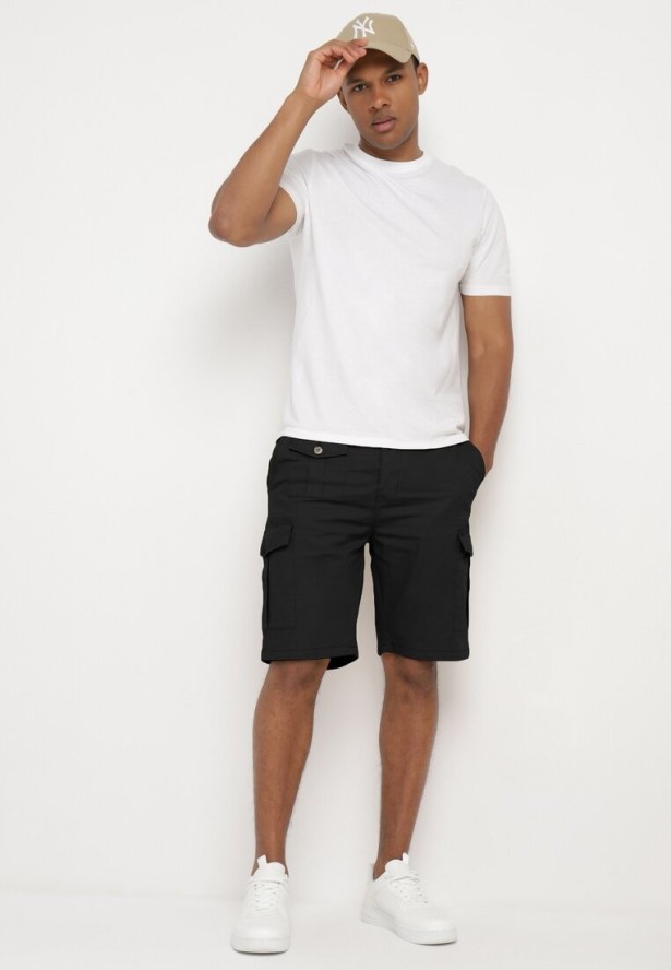 Granatowe Bawełniane Szorty Typu Bojówki z Kieszeniami Zapinanymi na Napy Tiasola