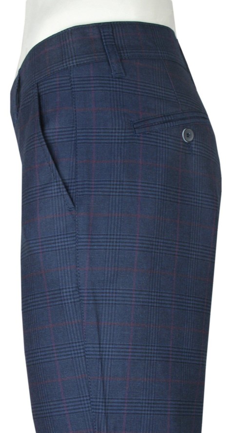 Spodnie Męskie Ciemne Granatowe w Kratkę, Casualowe, Chinosy z Elastanem -RIGON